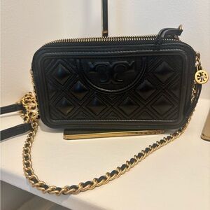 Tory Burch Black Quilted Crossbody with Gold Chain